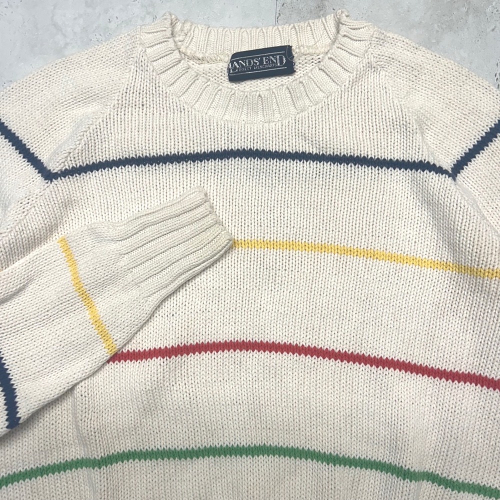 Lands' End Striped Crewneck Sweater Cream Multi Women Small Vintage Preppy Knit